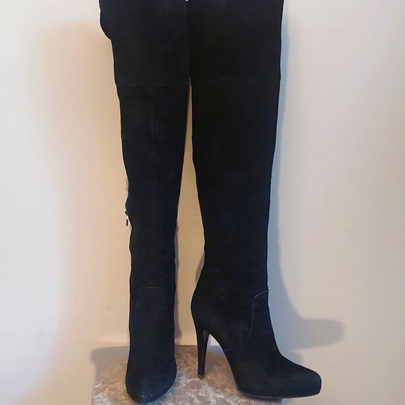 Over-the-knee Black Suede High Heel Boots - Picture 3 of 15